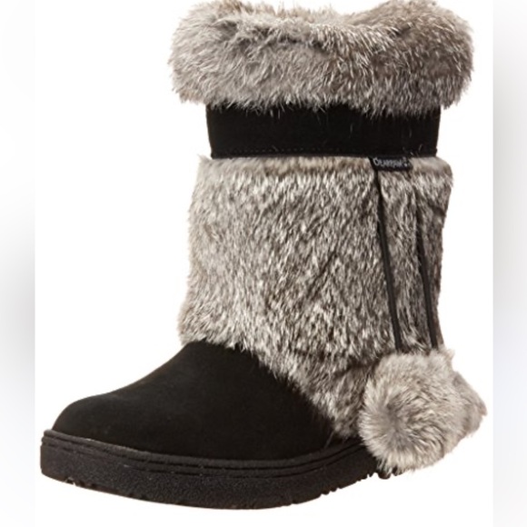 BEARPAW Tama Winter Boots Black Grey Rabbit Fur Suede Snow PomPom - Picture 3 of 11